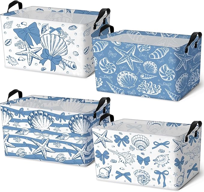 4 Pcs Coastal Beach Storage Basket Fabric Laundry Baskets with Handle Summer Ocean Blue Bow Foldable Organizer Boxes for Office Home Bedroom Baby Cloth Toy Book 15 x 10 x 8