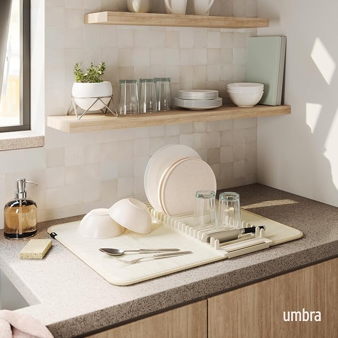 Umbra 330720-354 UDRY Rack and Microfiber Dish Drying Mat-Space-Saving Lightweight Design Folds Up for Easy Storage, Standard, Linen