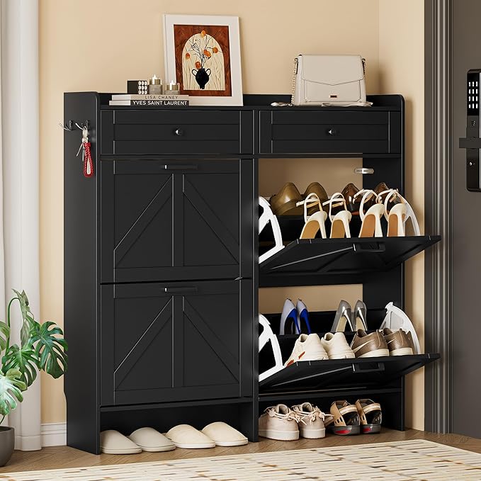 BORNOON Shoe Storage Cabinet for Entryway, Farmhouse Wide Shoe Cabinet with 4 Flip Drawers and 2 Top Drawers, Freestanding Organizer with Adjustable Shelves, Hooks, and Anti-Tip Kit for Hallway