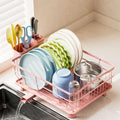 Iron Dish Drying Rack Auto Drain Dish Drainers Kitchen Counter Strainer with Draining Tray, Pink