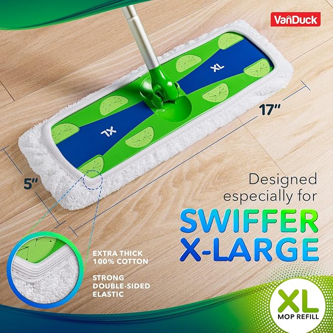 VanDuck Extra Large Cotton Mop Pads Compatible with Swiffer XL Mop - X-Large Wet and Dry Pads Refill, 4-Pack (Handle is Not Included)