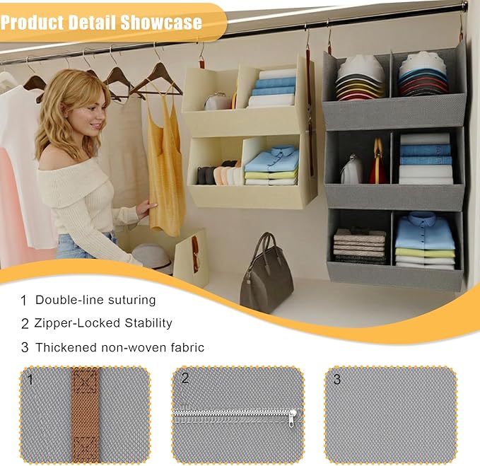 2 Pack,Hanging Closet Organizer 3 Tier,Disassemblable Clothes Hanging Shelves,Space-Saving Closet System, Fabric Storage Bins Bedroom Organization,Collapsible Baskets for Home, Dorm, Rv,Beige
