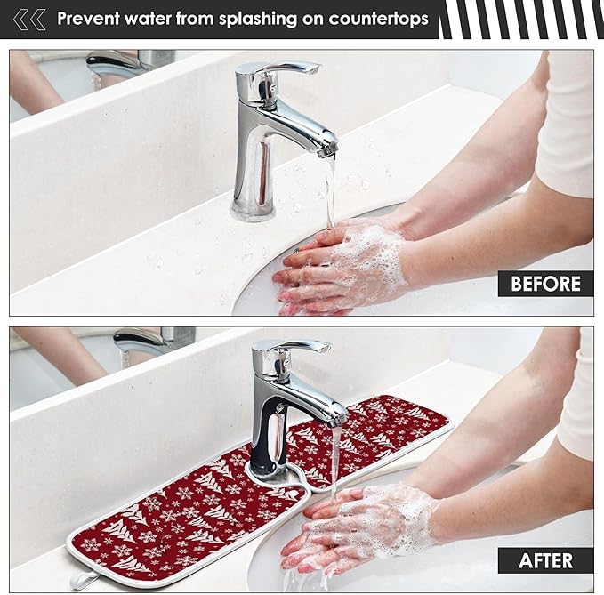 2 Pack Faucet Splash Catcher Hand Drawn Snowflake Tree Sink Mat for Faucet Absorbent Kitchen Splash Guard Drip Catcher for Farmhouse Barthroom Bar, S