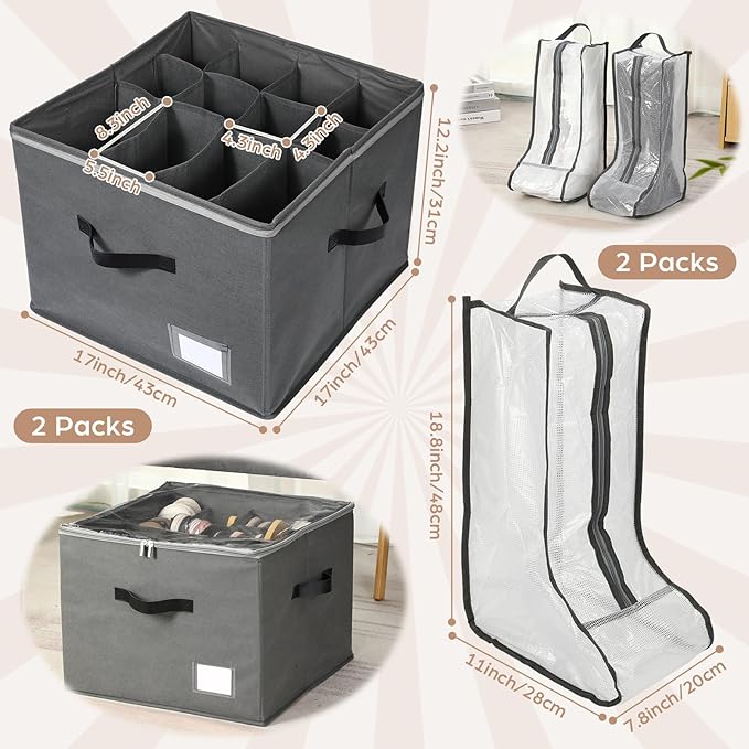4 Pack Shoe Storage for Closet 26-30 Pairs Foldable Dust Proof Shoe Boot Storage Container Bags for Sneakers Tall Boots Heels Slippers with Clear Cover Reinforced Handles for Home Travel