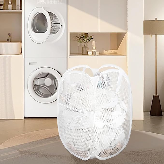 2 Pack Laundry Basket,Foldable Mesh Pop-up Laundry Hamper with Durable Handle,Easy to Open and Fold for Dorm, Laundry Room, Bedroom, RV… (White+Black)