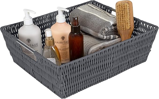 Simplify 15"x13"x5" Shelf Storage Woven Handles, Nursery, Playroom, Toys, Bedroom, Closet, Clothes, Office, Decorative Organizer Basket Rattan Totes, Large, Charcoal