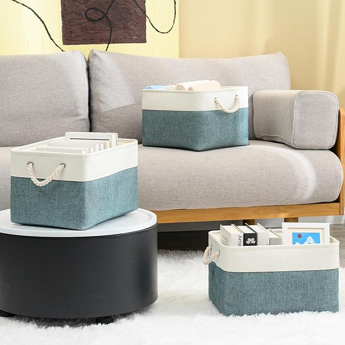 DUHEL Storage Bins 3 Pack, Fabric Storage Basket for Collapsible Medium Canvas Storage Baskets for Organizing Shelf Nursery Home Closet . 15(L) x 11(W) x 9.5(H) inch (White&Teal-3PCS)