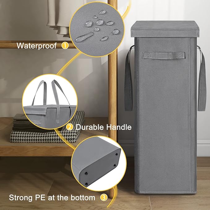 Chrislley 60L Slim Laundry Hamper with Lid Narrow Laundry Basket with Handle Upgrade Foldable Dirty Clothes Hamper Portable Skinny Hamper Organizer Storage Bins (25.6 inches, grey)
