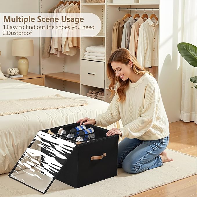 Shoe Organizer for Closet,2 Pack Shoe Storage Bins Foldable Shoe Storage Box Containers with Clear Cover and Sturdy Handles,Shoe Rack for Closet Storage for Sneakers Heels Slippers (Black)