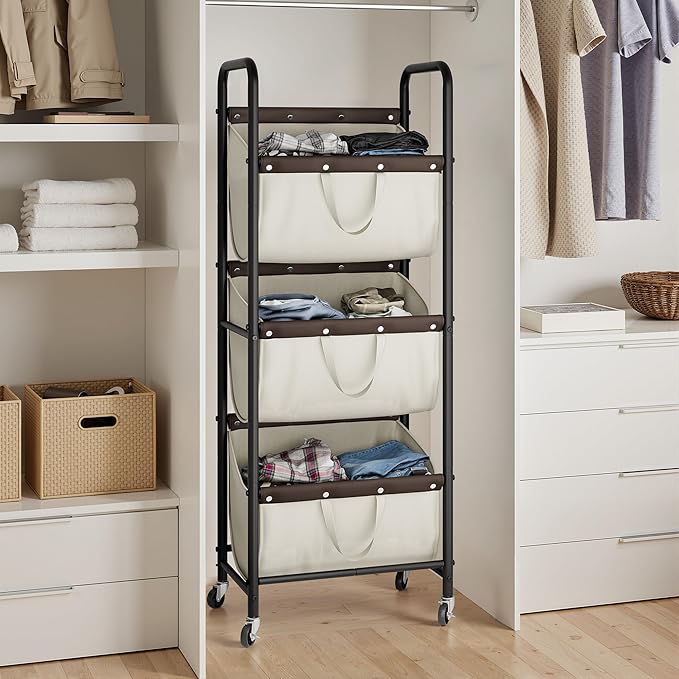 GRANNY SAYS 3 Tie Laundry Sorter, Laundry Basket with Wheels, Laundry Room Organization and Storage, 3 Section Rolling Laundry Cart for Dorm, Bathroom, Bedroom, Closet, Beige