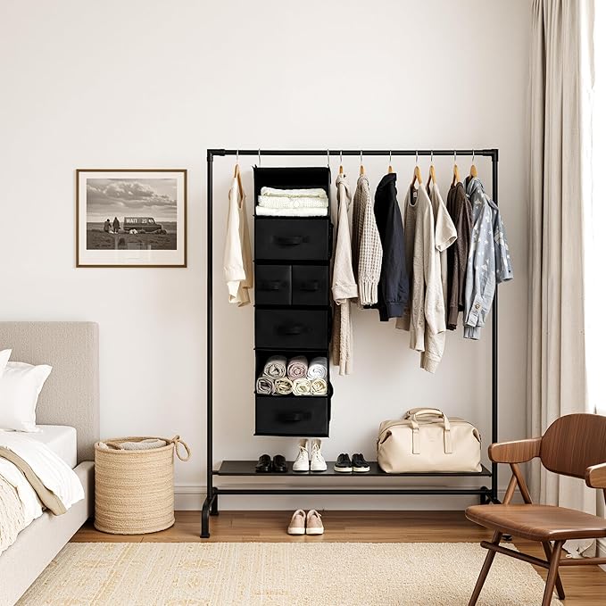 GRANNY SAYS Hanging Closet Organizer 6 Shelves, Closet Organization and Storage with 5 Different Drawers, 6 Side Pockets Wardrobe Clothes Organizer for Closet, Black, 1-Pack