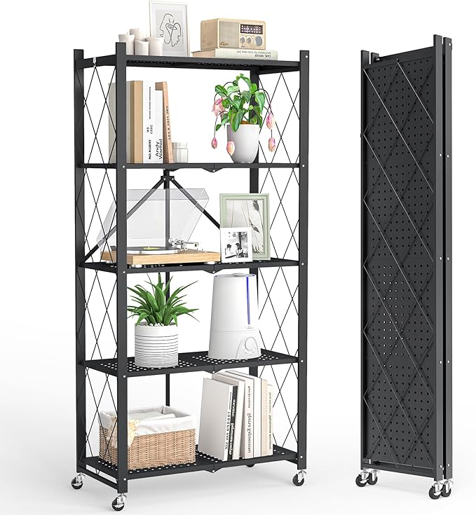 5-Tier Folding Metal Storage Shelf with Wheels, Heavy Duty Organizer Rack Holds 750 lbs, No Assembly Utility Shelving for Kitchen, Garage, Pantry, Living Room, Office (New Upgrade - Black, 5 Tier)