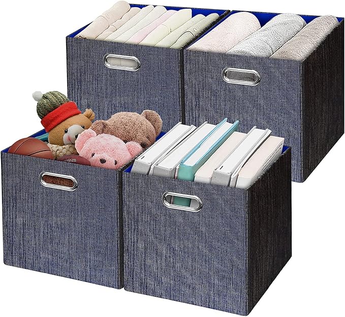 Posprica Storage Cube Basket Bins,13×13 Foldable Storage Containers for Shelf Cabinet Bookcase Boxes,Thick and Heavy Duty Fabric Drawer (4pcs, blue)