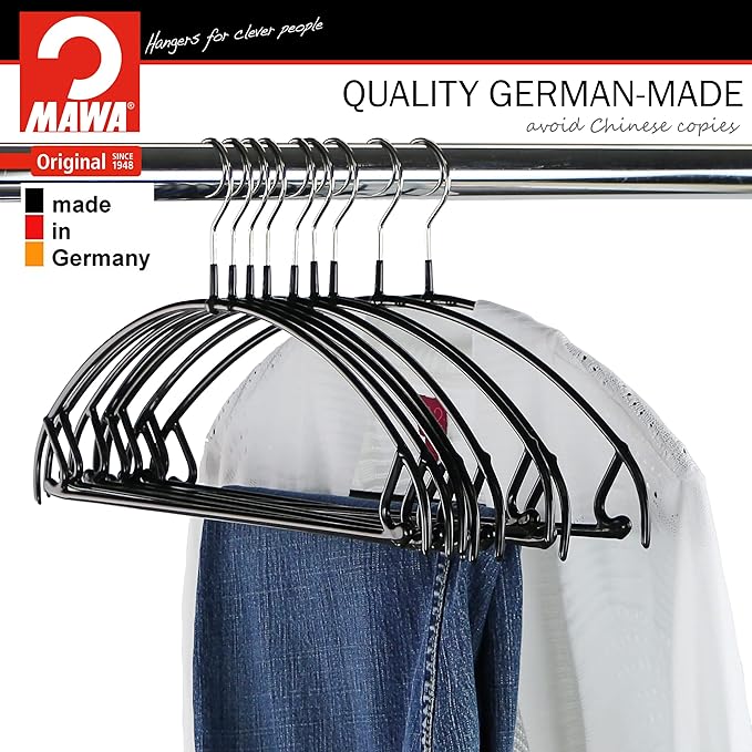Mawa by Reston Lloyd Euro Ultra Light/Thin Series, Non-Slip Space-Saving Clothes Hanger with Bar & Hooks for Pants and Skirts, Style 42/PTU, Set of 10, Black