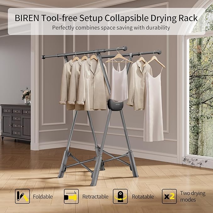 BIREN Clothes Drying Rack Heavy Duty Clothing Racks Foldable Laundry Rack Two Drying Modes Garment Racks for Drying Clothes, Adjustable Length from 32-55 Inches for Indoor Outdoor Use