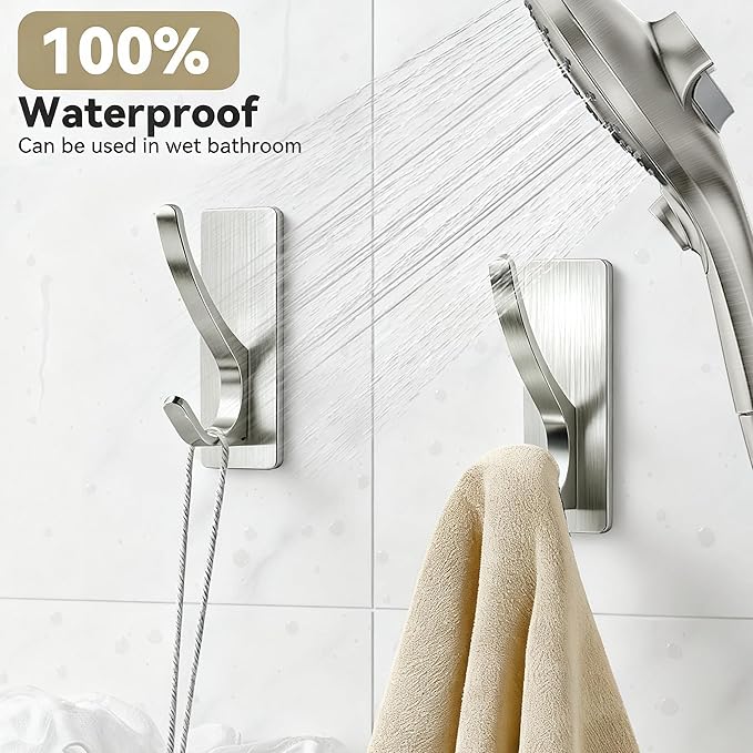 pickpiff Self Adhesive Coat Hooks for Hanging: Heavy Duty Stainless Wall Hook for Towel, Utensil, Backpack, Hat, Sturdy Metal Hanger for Bathroom, Kitchen, Door, Brushed Nickel 10 Pack