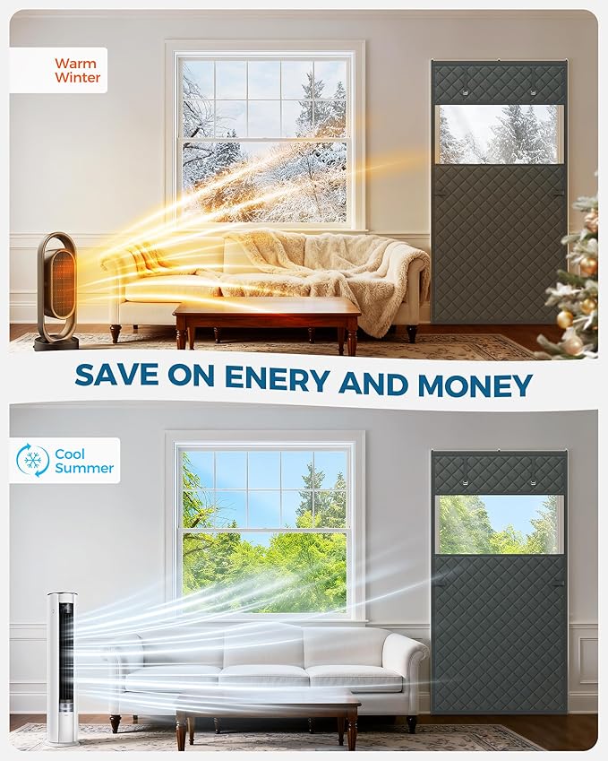 Thermal Insulated Door Curtain Fits Door Size 32 x 80 Inch, Oxford Cloth Thicken Cotton Fiber, Curtain Size 35" x 82", Single Piece Screen Insulation Cover to Keep Warm, with Clear Windows