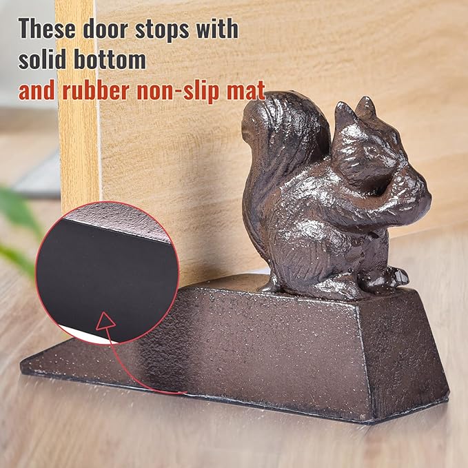 Sungmor Heavy Duty Cast Iron Squirrel Door Stops | Decorative Cute Animal Statue Metal Door Stopper Wedge with Non-Slip Mat | Solid & Antique Style Windproof Door Holder for Patio Garden Farmhouse