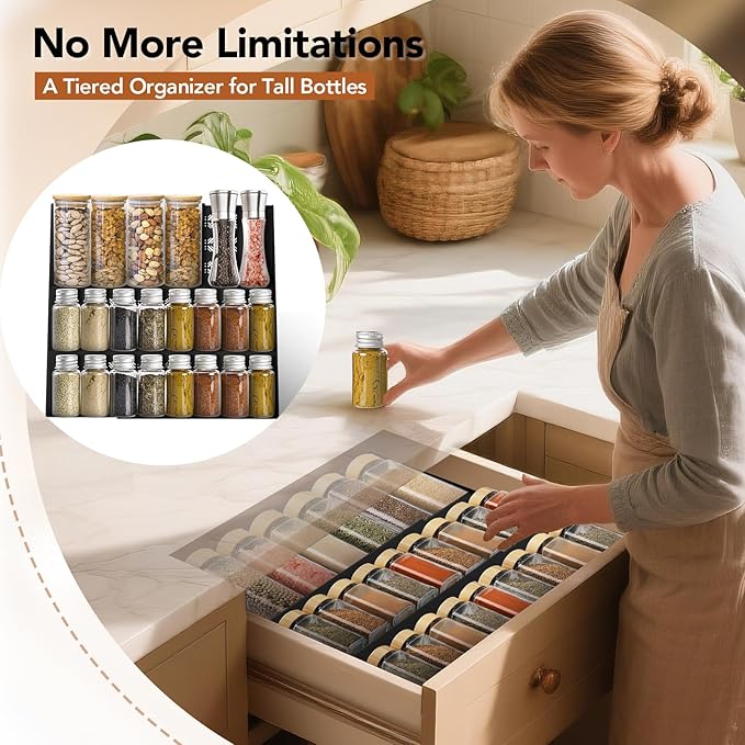 2-Pack Expandable Spice Drawer Organizer (11"-22"), 3-Tier Angled Seasoning Rack for Kitchen, Sturdy Vented Insert with Labels & Funnel, Fits Standard & Biger Spice Jars (Jars Not Included)