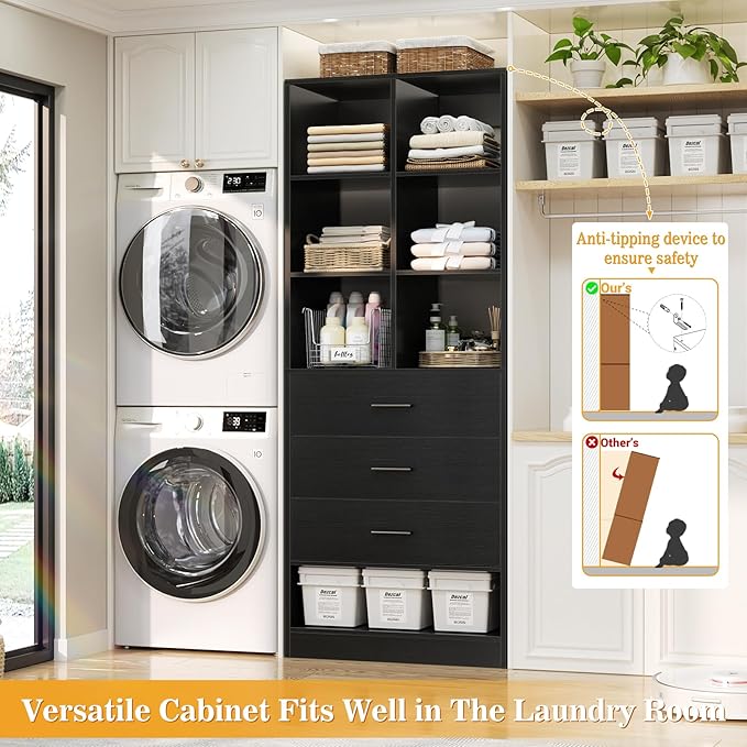 Homieasy Closet System Organizer with 3 Drawers and Partition Storage, Freestanding Wardrobe Organizer Modular with Shoe Shelf, Expandable for Walk-in or Reach-in Closets, Black