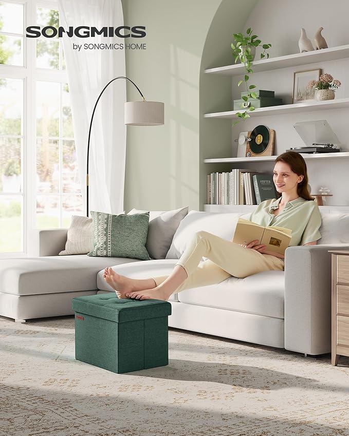 SONGMICS Mazie Collection - Small Folding Storage Ottoman, Foot Rest Stool, 12.2 x 16.1 x 12.2 Inches, 286 lb Load Capacity, for Living Room, Bedroom, Home Office, Dorm, Retro Green ULSF102C01