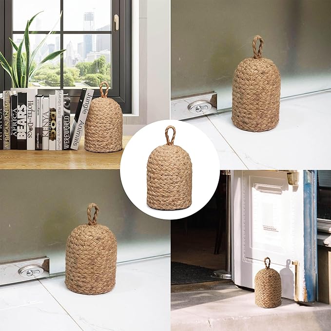 Natural Wicker Door Stopper with Handle, Decorative Door Stop, Heavy Indoor Doorstop, Rustic Farmhouse Blocker Jammer 5.1''D x 7.5''H (Jute)