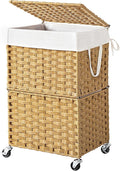 Chrislley 90L Slim Laundry Hamper with Wheels, Rolling Laundry Basket with Lid and Renovable Liner Bag, Handwoven Rattan Organizer for bedroom, bathroom, laundry room (Yellow)