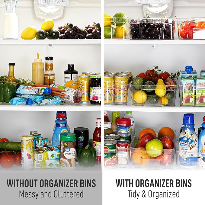 Zulay 4 Pack Clear Refrigerator Organizer Bins - XL Fridge Organizers and Storage Clear - Ideal Freezer Organizer Bins, Refrigerator Storage Containers, Kitchen Cabinets, Pantry Organization