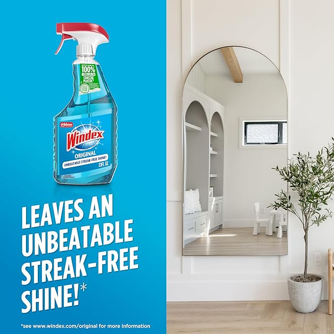 Windex Glass and Window Cleaner Spray Bottle, Packaging Designed to Prevent Leakage and Breaking, Surface Cleaning Spray, Original Blue Scent, 23 Fl Oz (Pack of 2)