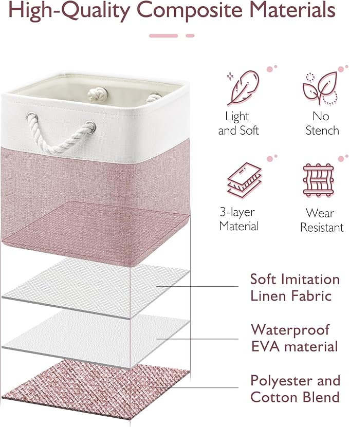 11 Inch Cube Storage Bins, 6 Pack Fabric Storage Cubes with Rope Handles, Organizer Baskets for Closet Shelves, Clothes and Home Organization(White/Pink)