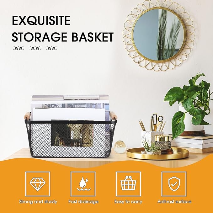 4 Pcs Metal Wire Basket with Wooden Handles Mesh Steel Storage Organizer Bin Containers for Home Organizing Cabinet Pantry Closet Kitchen Fridge Fruit Makeup Snacks Gifts(Medium,Black)
