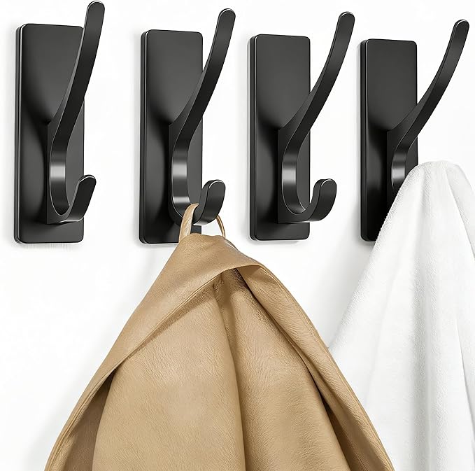 10 Pack Self Adhesive Coat Hooks for Hanging: Heavy Duty Stainless Wall Hook for Towel, Utensil, Backpack, Hat, Sturdy Metal Hanger for Bathroom, Kitchen, Door, Matt Black