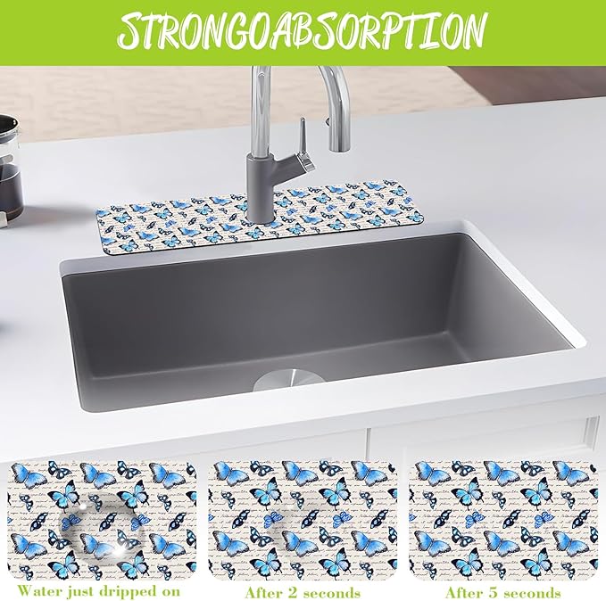 Sink Splash Guard Faucet Mat Watercolor Butterflies Absorbent Fast Drying Mat Sink Gadgets Splash Guard Behind Faucet Drip Catcher for Kitchen Bathroom 23.5"X5.5"