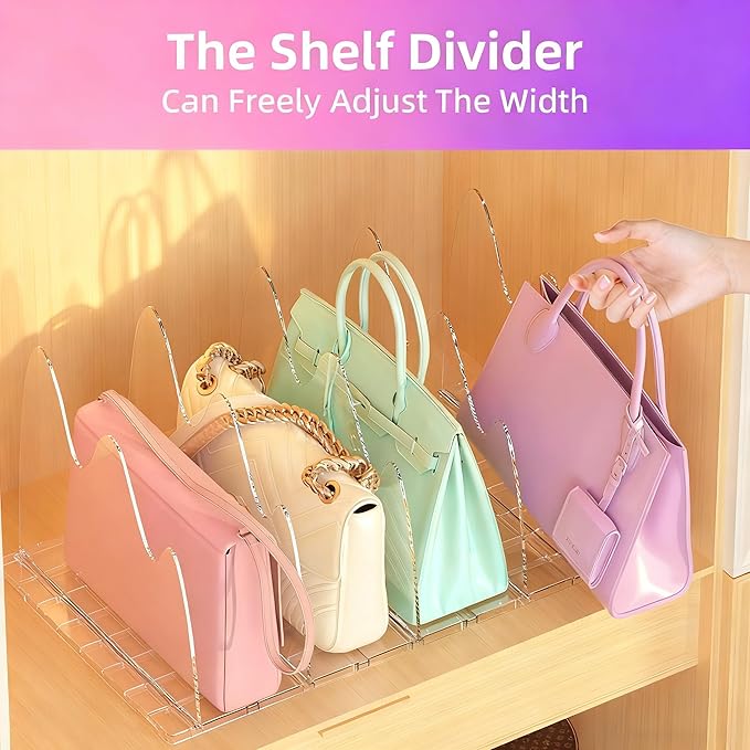 ANTOWIN 2 Pack Clear Purse Organizers for Closet, Adjustable Shelf Divider, Handbag Separators Storage Organizer, Shelf Divider in Bedroom, Office, Kitchen
