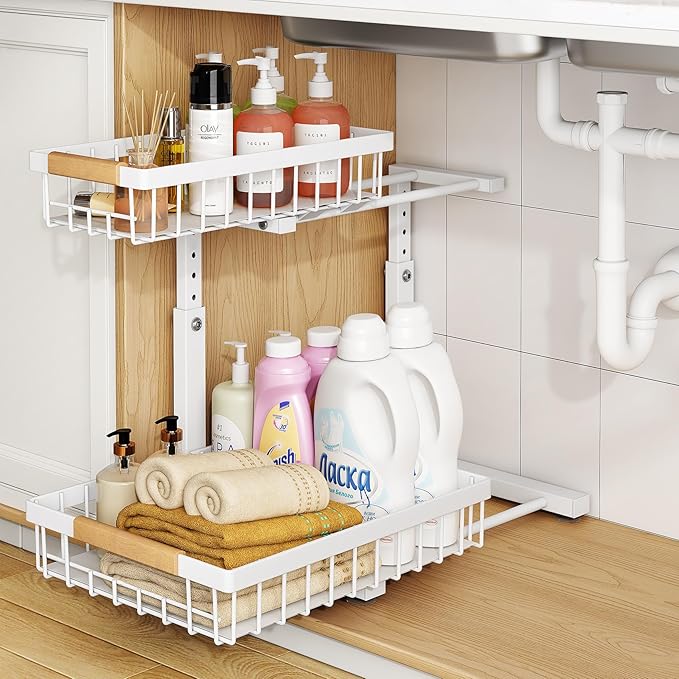 PXRACK 2 Pack Under Sink Organizer,Adjustable Height,2 Tier Pull Out Under Cabinet Organizer,Slide Out Thickened Metal Under Sink Storage for Kitchen Bathroom Laundry Cabinet Pantry,White