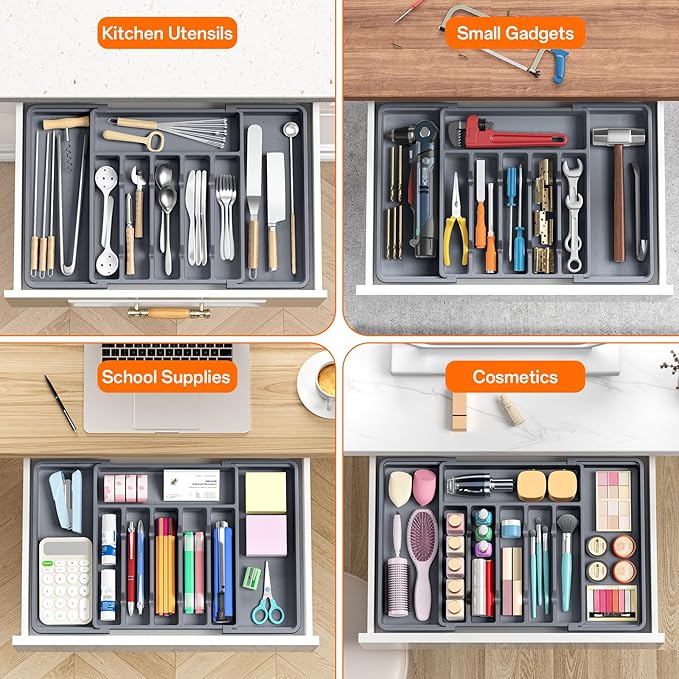 Large Silverware Organizer,Expandable Utensil Drawer Organizer,BPA Free Utensil Holder,Adjustable Silverware Tray Cutlery Drawer Organizer for Kitchen Flatware,Large,Grey,2 Pack