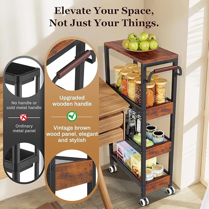 4 Tier Slim Rolling Cart with Wheels for Kitchen, Utility Narrow Storage Cart with Wood Top& Wood Handle for Small Space, Skinny Metal Organization Trolley Laundry Slim Storage Cart 7.9"