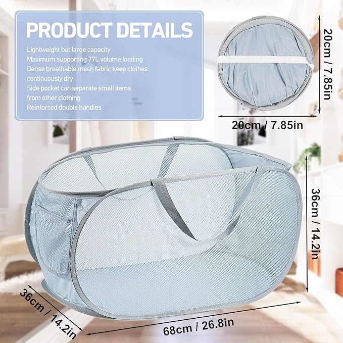 2PCS Mesh Laundry Hamper,Collapsible Laundry Baskets,75L Large Foldable Dirty Laundry Clothes Hamper Storage Basket Horizontal with Side Pocket&carry Handle for Home Travel grey Emerald