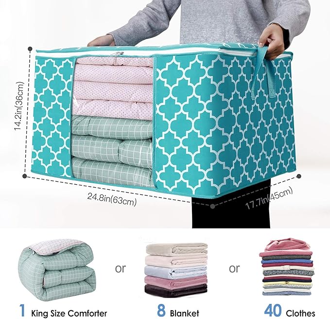 WISELIFE Storage Bags 100L 2-Pack Large Blanket Clothes Organization and Storage Containers for Bedding, Comforters, Foldable Organizer with Reinforced Handle, Clear Window, Sturdy Zippers,Green