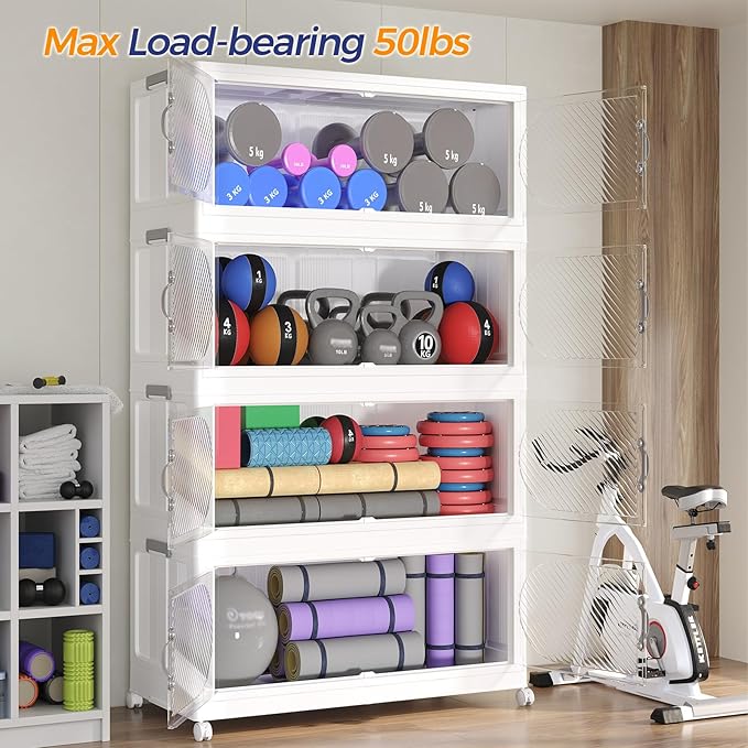 360QT Extra Large Stackable Storage Bins with Lid, 90Gal Plastic Closet Organizers and Storage Drawer, Collapsible Cabinet Box with Wheels Clear Doors for Home Kitchen Office, 3Pack White