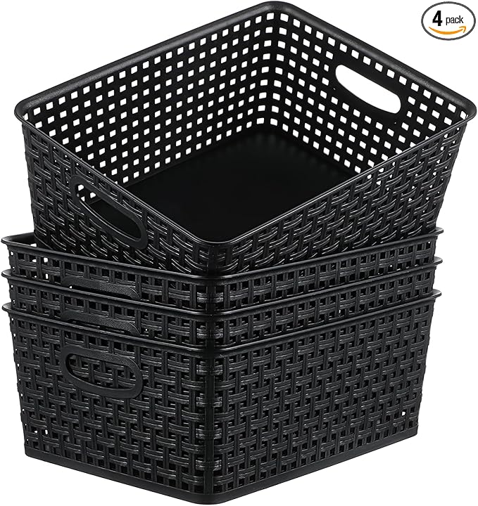 Pack of 4 Plastic Storage Basket,11.4"X9"X4.7" Black Desktop File Paper Letter Organizer Tray,Plastic Baskets for Organizing