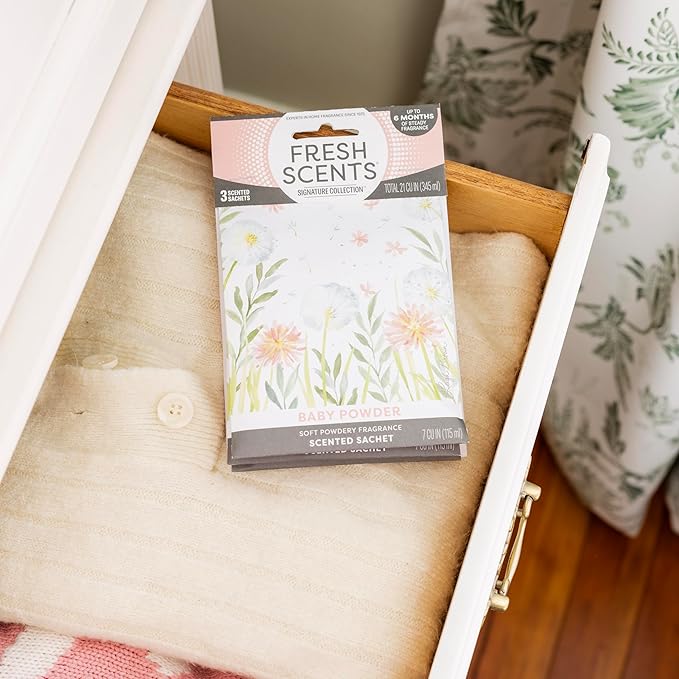 Fresh Scents Scented Sachets | Baby Powder | Home Fragrance | Long Lasting (Up to 6 Months) | Air Freshener for Closets, Drawers, & Cars | 6 Pack