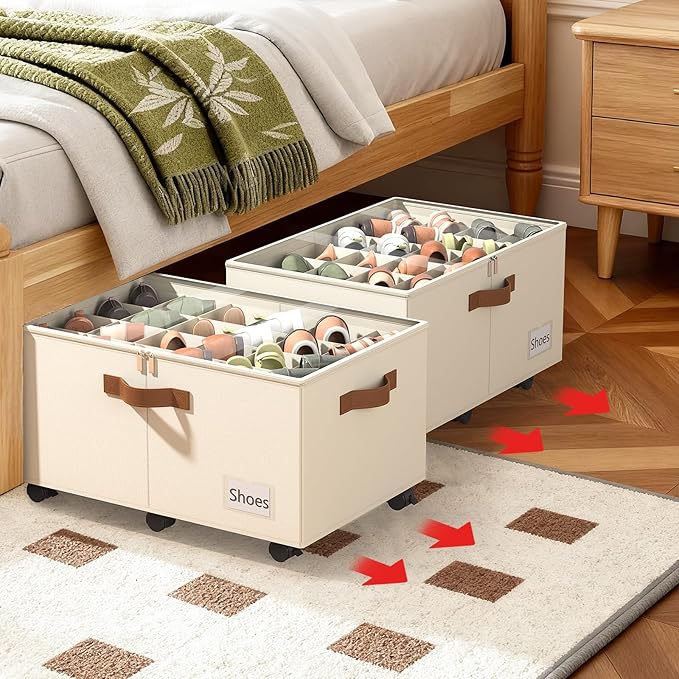 Shoe Organizer for Closet, Shoe Storage Organizer with Wheels and Adjustable Dividers, Stackable Shoe Storage Box with Clear Cover, Foldable Closet Shoe Organizer Fits up to 24-48 Pairs, Beige