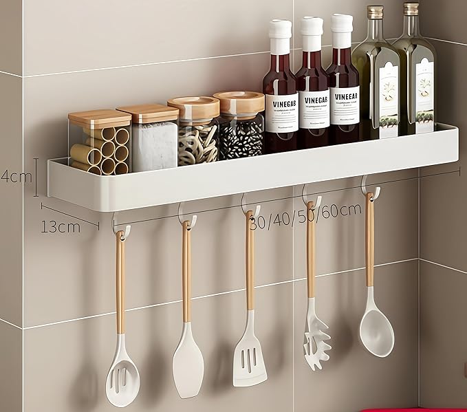 SEIDO Space-Saving Kitchen Utensil Holder | No-Drill Shelf Organizer | Wall Mount Spice Rack with Hooks | Space Aluminum | 16 Inch Long | White
