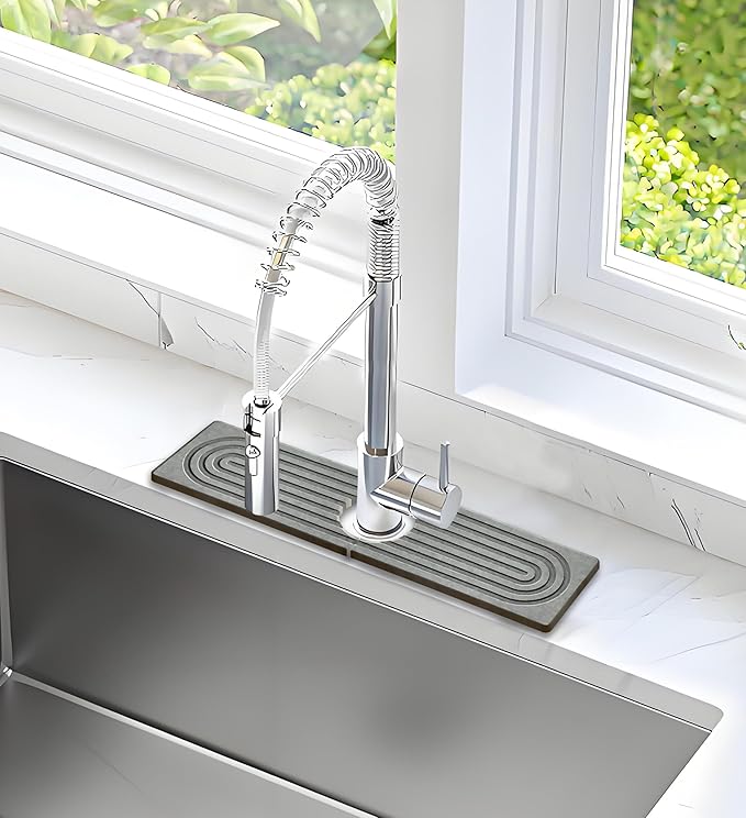 Faucet Mat for Kitchen Sink,15.7" Diatomite Stone Drying Mat,Quick Drying Splash Guard,Super Absorbent.Kitchen ,Bathroom Sink Splash Guard, Durable Countertop Protection(Light grey)
