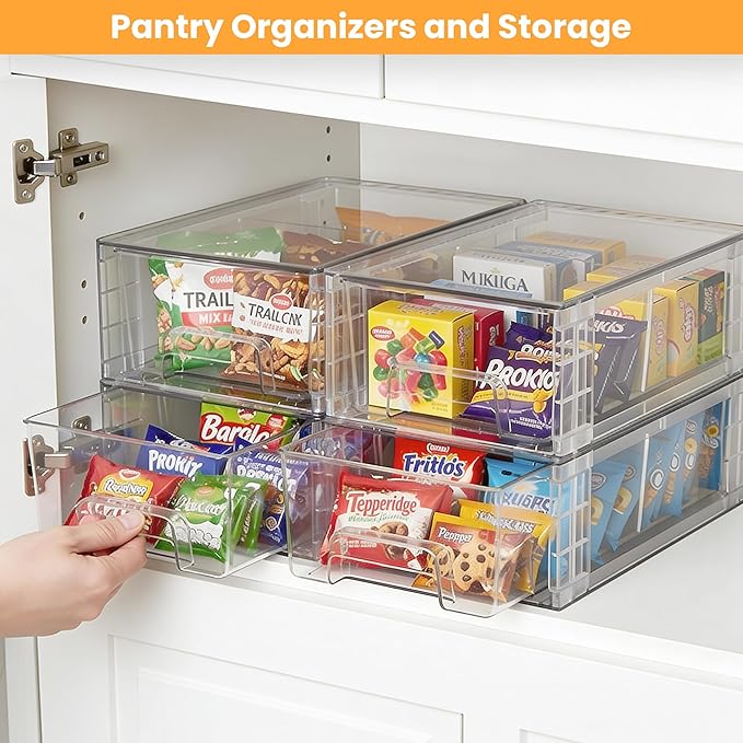 6 Pack Stackable Storage Drawers,Plastic Organizers Bins, Drawers Storage with Handles and Movable Dividers for Organization and Storage in Fridge,Bathroom, Pantry, Kitchen Cabinets, Under Sink