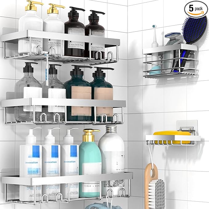 Moforoco Adhesive Shower Caddy Organizer Shelves Rack - 5 Pack Corner Bathroom Storage Organization, Home & Kitchen Decor Inside RV Accessories, Hanging First Apartment Household Camper Essentials