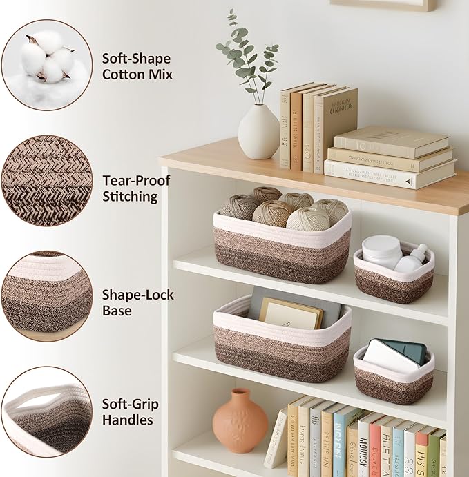 5-Pack Small Woven Rope Storage Baskets – 2 Sizes Organizer Bins for Closet, Shelf, Bookshelf, Nursery, Changing Table, Fabric Cube Boxes, Rectangular Shallow Bins for Bathroom, Toy & Home