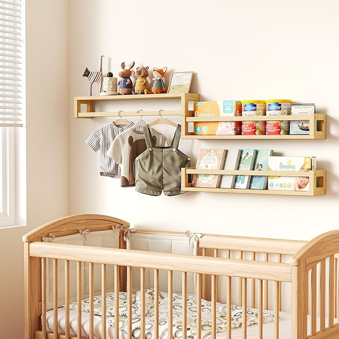 Upgraded Thick Floating Shelves - 24 Inch Multi-Use Wall-Mounted Bookshelves for Kids and Nursery, Ideal for Books, Toys, Spice Rack, Decor - Natural Wood