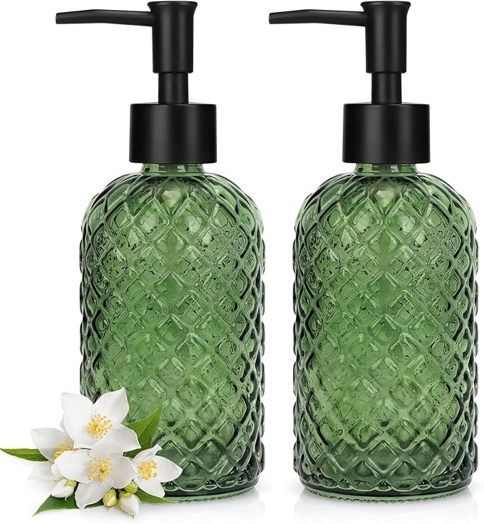 2 Pack Gem Glass Soap Dispenser with Black Plastic Pump, 13oz Liquid Hand Soap Dispenser, Rustproof Pump for Kitchen & Bathroom, Great for Lotions, Essential Oil, Liquid Soaps-Army Green
